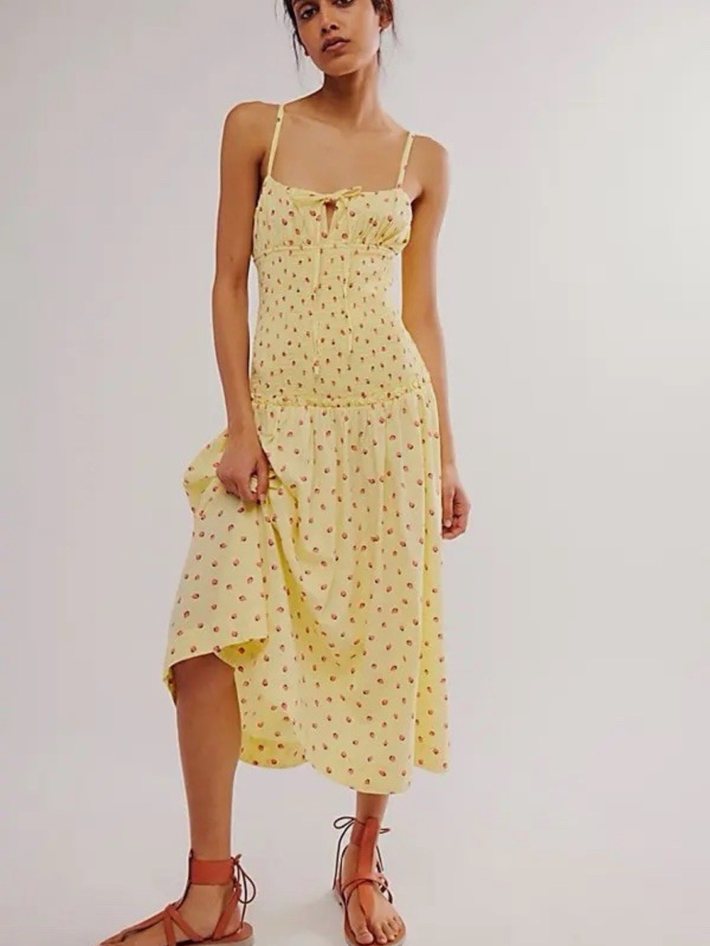 Free People Lavender Daze Yellow Strawberry Drop Waist Smocked Midi/Maxi Dress - Picture 1 of 10